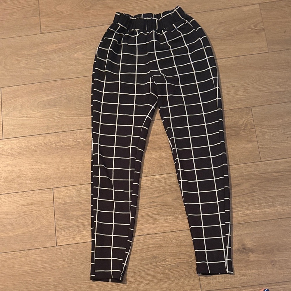 Black Grid Print Elastic Waist Pants